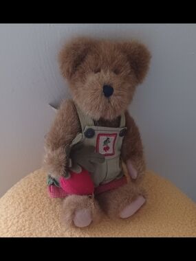 Boyds Bears Brown Plush Bear with Green Overalls and Red Strawberry
